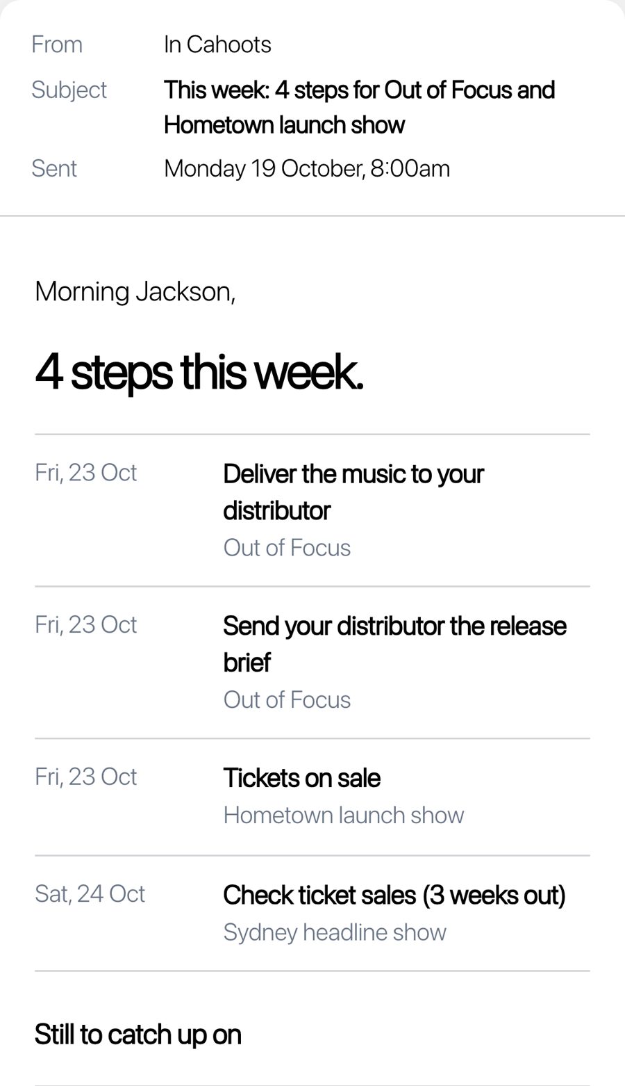 The Monday email, listing this week's steps for an EP release